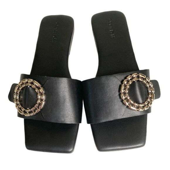 Open Edit Lely Slide Sandal Sliver Medallion Buckle 6.5 Black - Picture 3 of 8